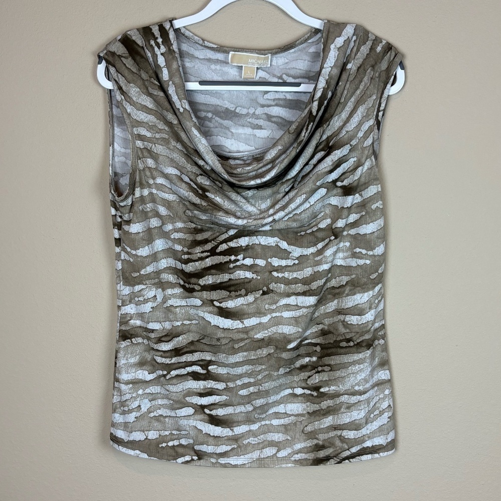Michael Michael Kors Brown/Cream Sleeveless Animal Print Top w/ Cowl Neckline